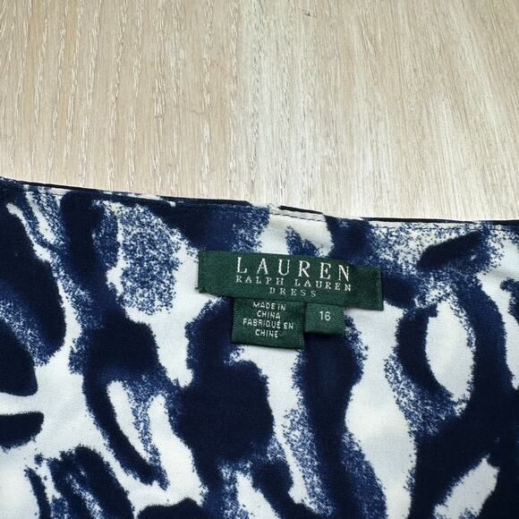 Lauren Ralph Lauren Navy White Abstract Print Ruched 3/4 Sleeve Sheath Dress 16 - Picture 8 of 14
